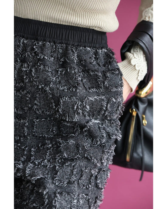 ブロック柄ふわふわフリンジワイドパンツ