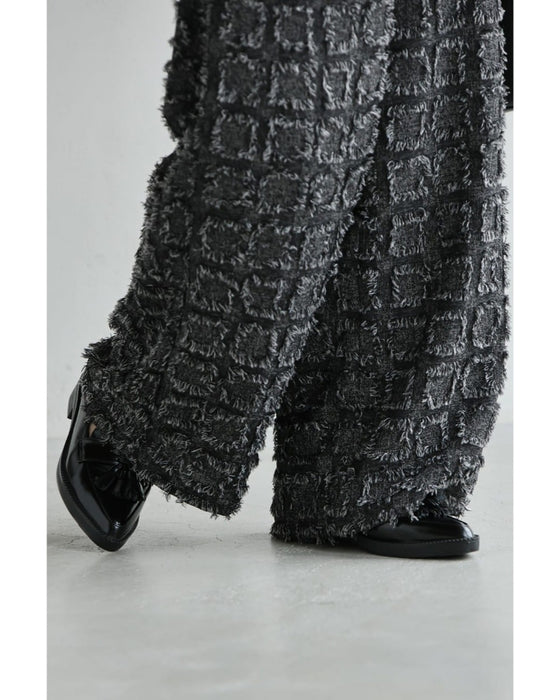 ブロック柄ふわふわフリンジワイドパンツ