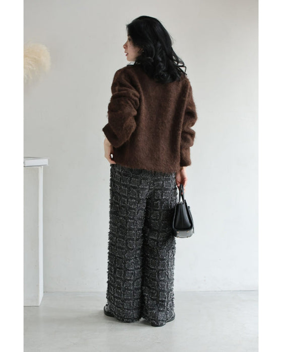 ブロック柄ふわふわフリンジワイドパンツ