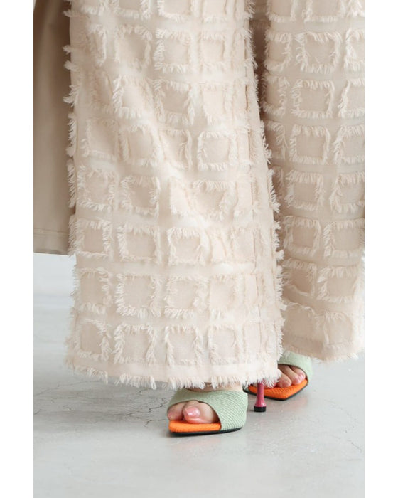 ブロック柄ふわふわフリンジワイドパンツ