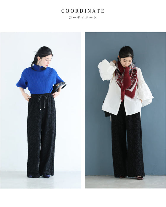 フロッキー加工の柄浮き立つレースワイドパンツ