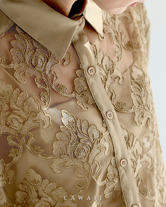 ダマスク刺繍浮かぶ前面シアーシャツトップス