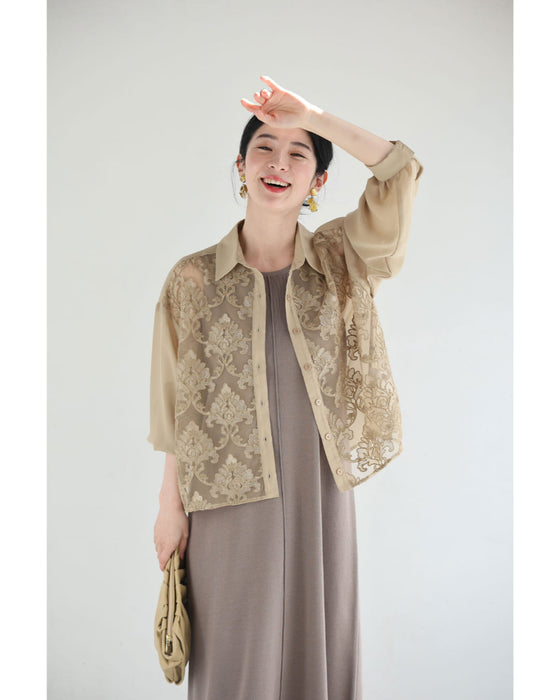 ダマスク刺繍浮かぶ前面シアーシャツトップス