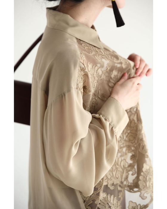 ダマスク刺繍浮かぶ前面シアーシャツトップス