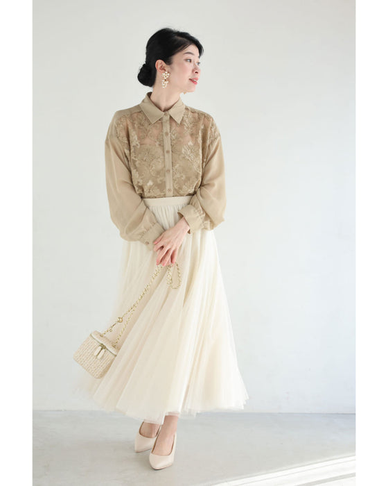 ダマスク刺繍浮かぶ前面シアーシャツトップス