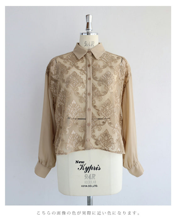 ダマスク刺繍浮かぶ前面シアーシャツトップス