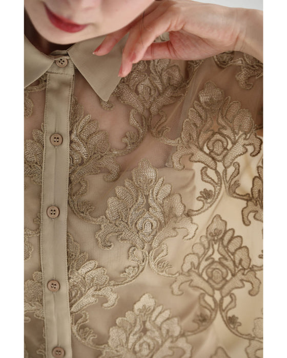 ダマスク刺繍浮かぶ前面シアーシャツトップス