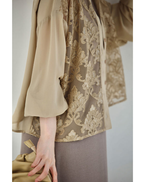 ダマスク刺繍浮かぶ前面シアーシャツトップス