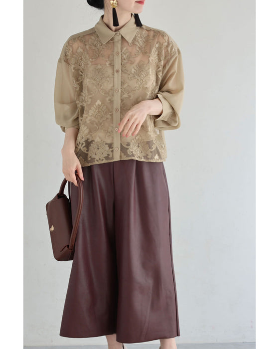 ダマスク刺繍浮かぶ前面シアーシャツトップス
