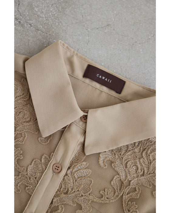 ダマスク刺繍浮かぶ前面シアーシャツトップス