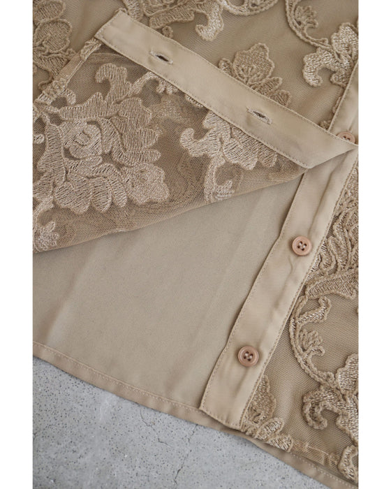 ダマスク刺繍浮かぶ前面シアーシャツトップス