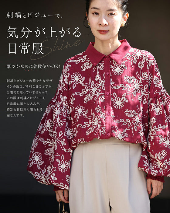 煌めく花刺繍ポワン袖