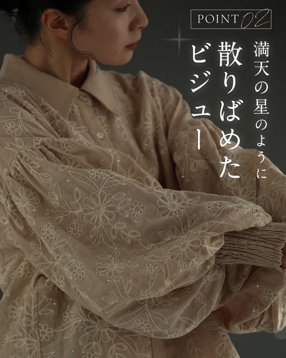 煌めく花刺繍ポワン袖
