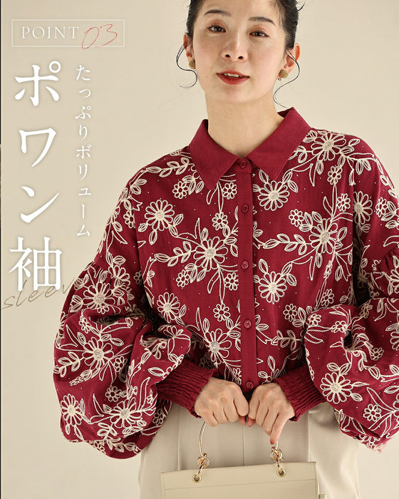 煌めく花刺繍ポワン袖