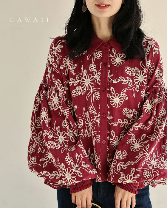 煌めく花刺繍ポワン袖