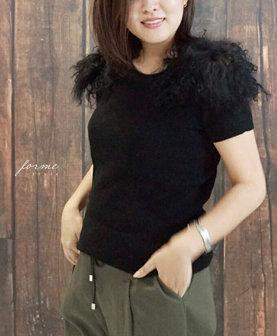 【アウトレット返品交換不可】フェイクファーの半袖ニットでお洒落コーデを