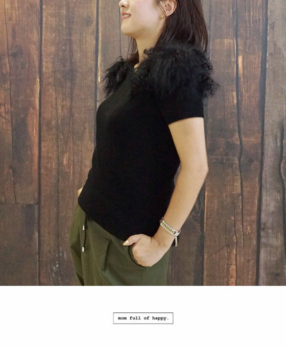 【アウトレット返品交換不可】フェイクファーの半袖ニットでお洒落コーデを