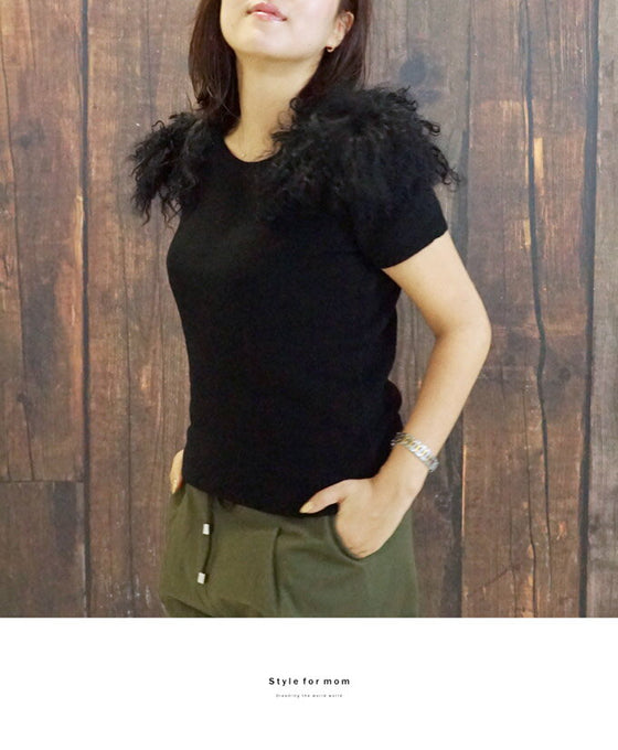 【アウトレット返品交換不可】フェイクファーの半袖ニットでお洒落コーデを