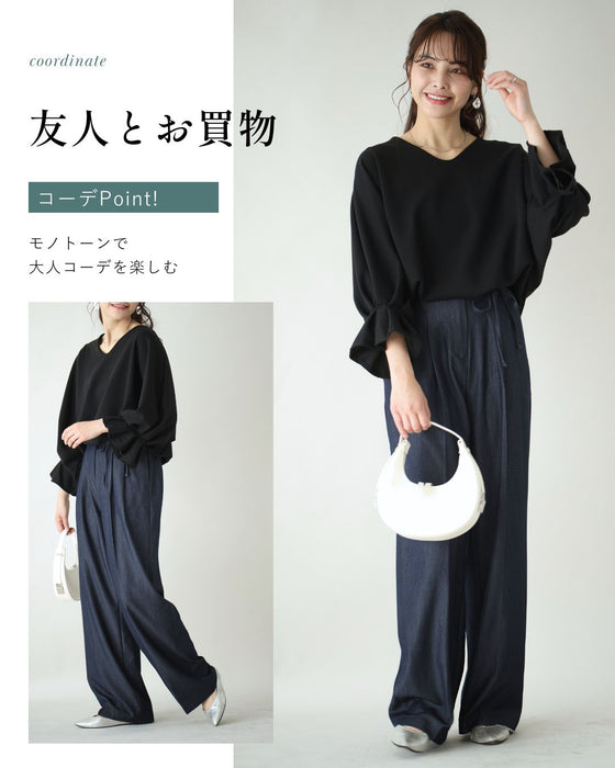 ワイドなのにかっちり見せない!デニム風パンツ