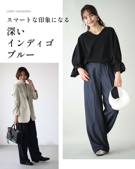 ワイドなのにかっちり見せない!デニム風パンツ