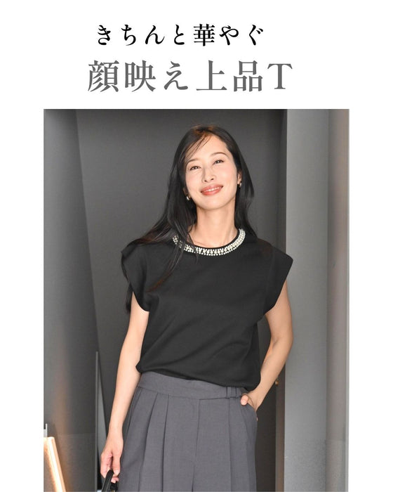 首元パールで お顔 映え服 立体袖Tシャツ