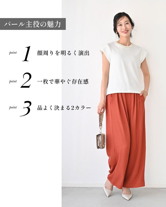 首元パールで お顔 映え服 立体袖Tシャツ