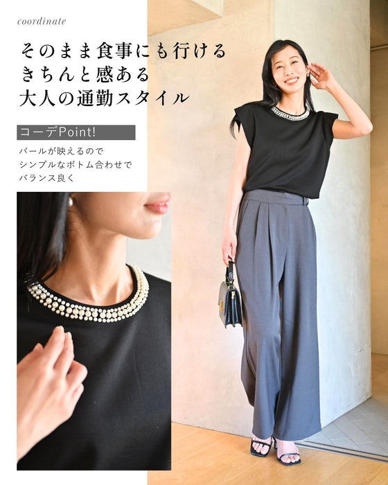 首元パールで お顔 映え服 立体袖Tシャツ