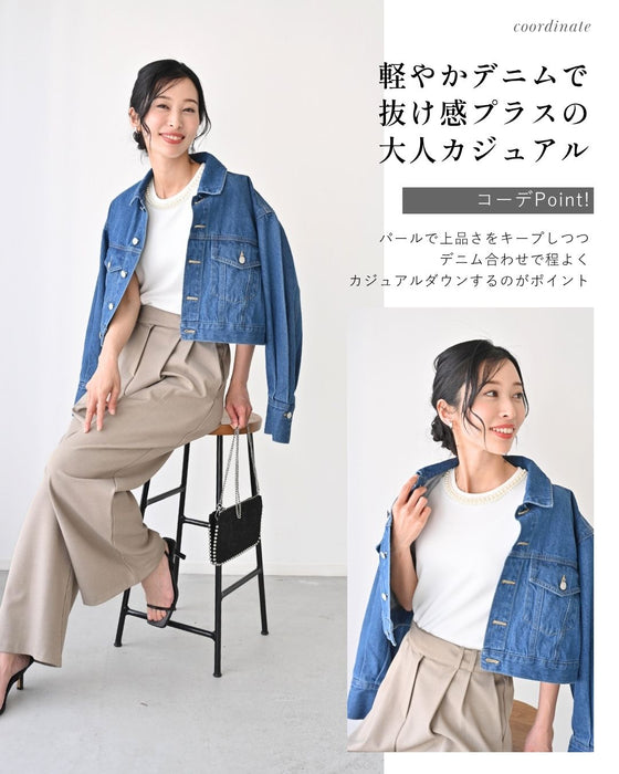 首元パールで お顔 映え服 立体袖Tシャツ