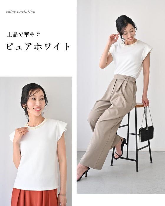 首元パールで お顔 映え服 立体袖Tシャツ