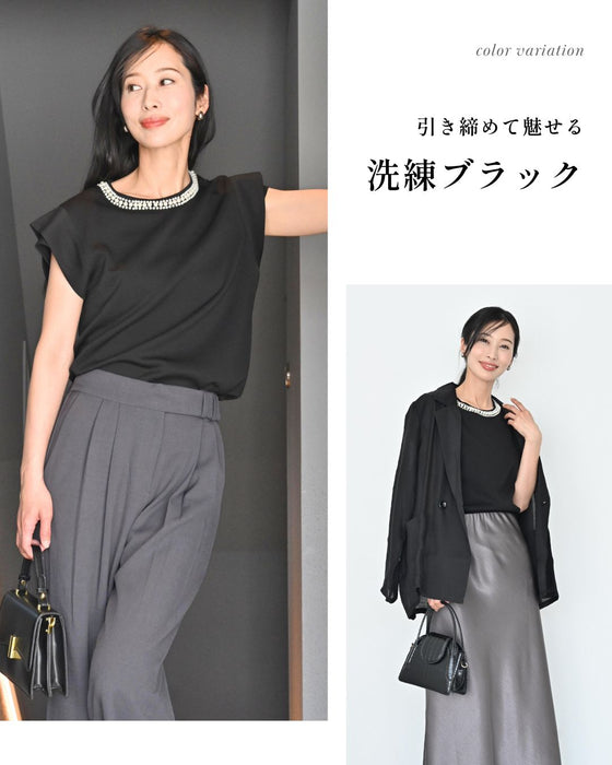 首元パールで お顔 映え服 立体袖Tシャツ