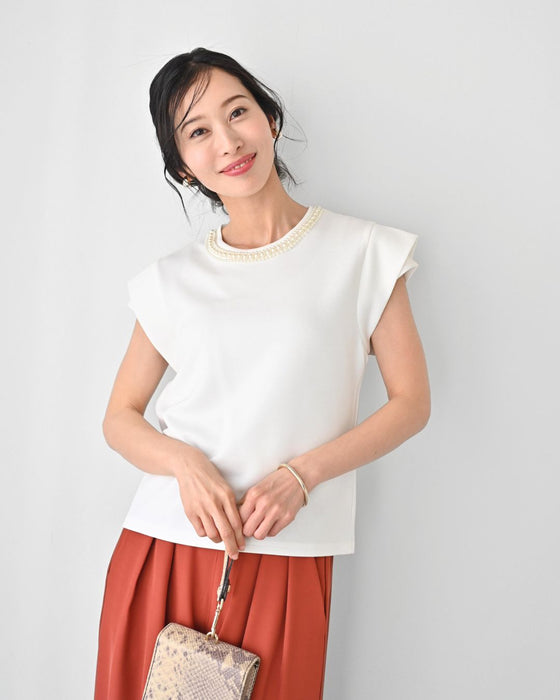 首元パールで お顔 映え服 立体袖Tシャツ