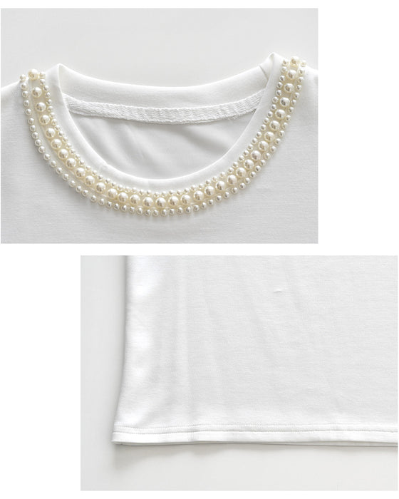 首元パールで お顔 映え服 立体袖Tシャツ