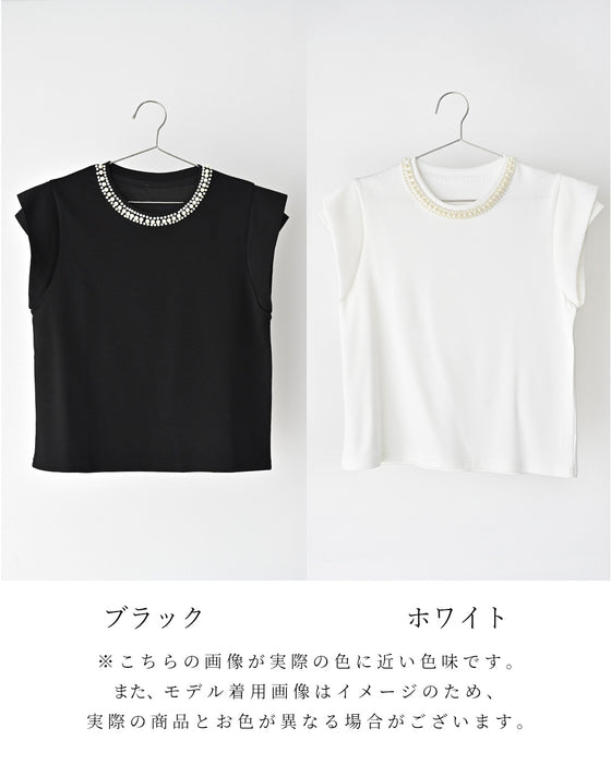 首元パールで お顔 映え服 立体袖Tシャツ