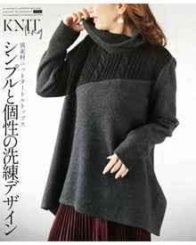  Simple and unique sophisticated design. Mixed material knit turtleneck top (Black)