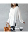 A loose-fitting adult T-shirt with a slit