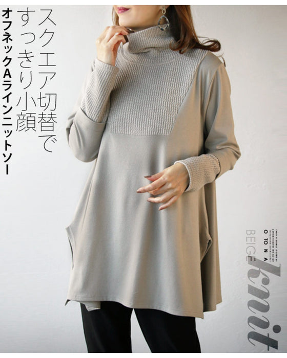 Off-neck A-line knit top with square cut for a slimmer look