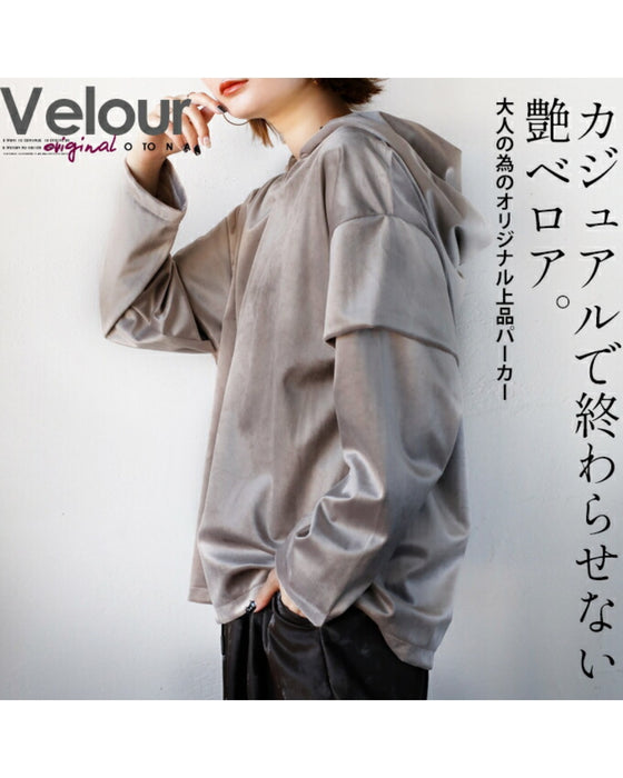 A glossy velour that is more than just casual. An original and elegant hoodie for adults.