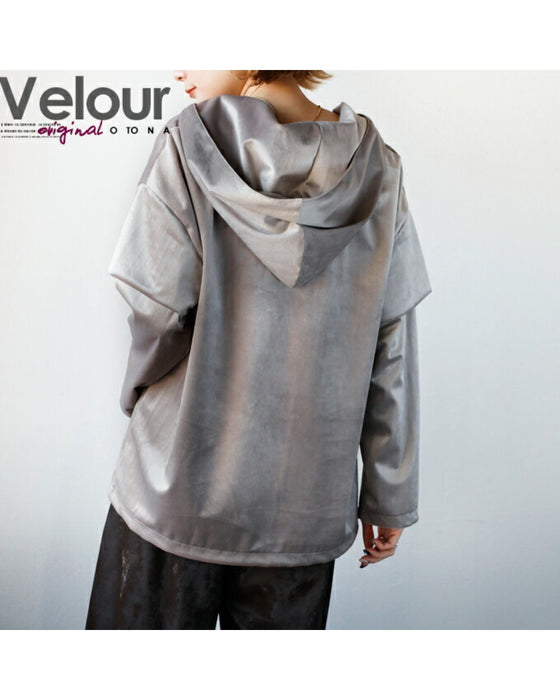 A glossy velour that is more than just casual. An original and elegant hoodie for adults.