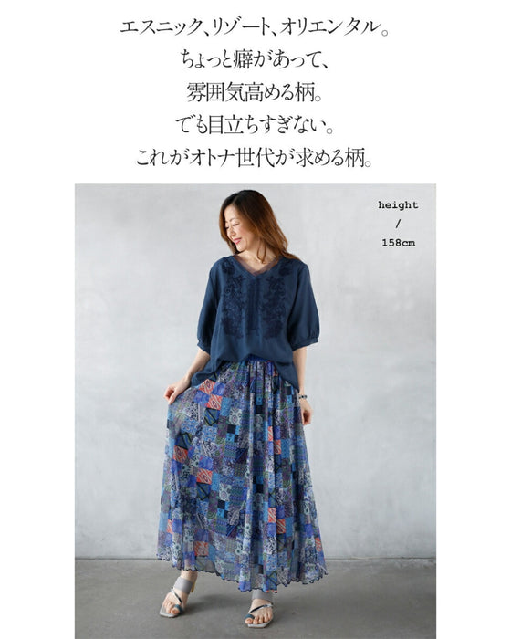 A sheer, light-weight flared skirt with a bold pattern