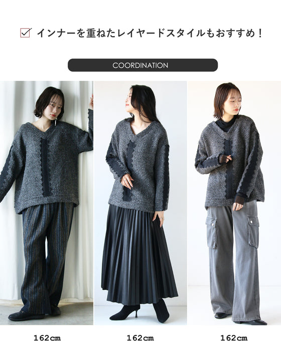 A textured knit top with lace ribbon for a mature and cute look