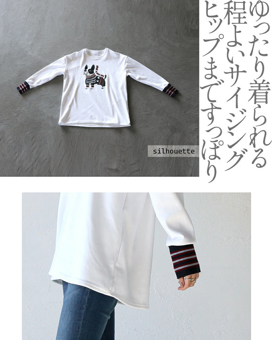 Warm fleece-lined long-sleeved T-shirt with a dog and striped sleeves
