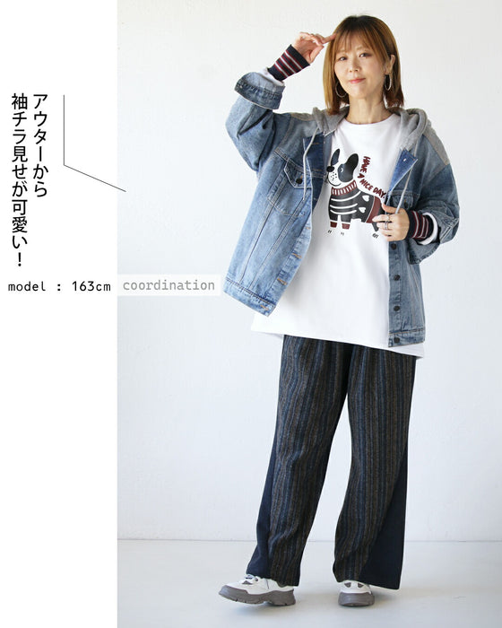 Warm fleece-lined long-sleeved T-shirt with a dog and striped sleeves