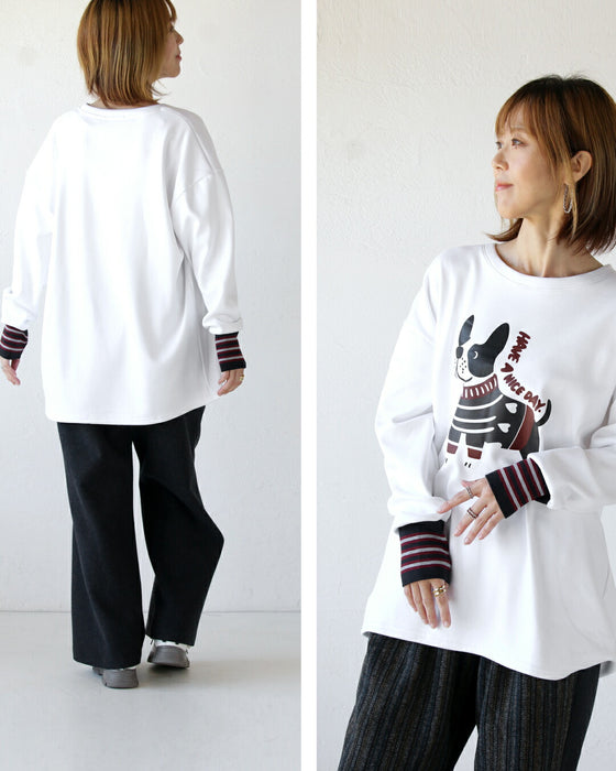 Warm fleece-lined long-sleeved T-shirt with a dog and striped sleeves