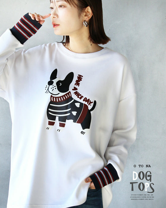 Warm fleece-lined long-sleeved T-shirt with a dog and striped sleeves