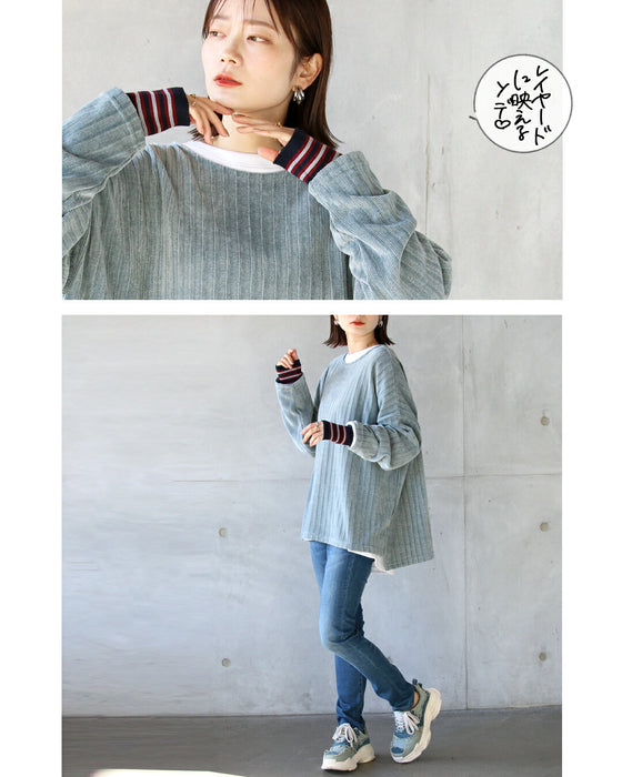Warm fleece-lined long-sleeved T-shirt with a dog and striped sleeves