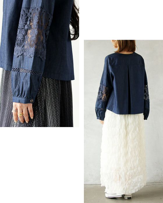 袖刺繍レースダンガリーが大人可愛いライトアウター