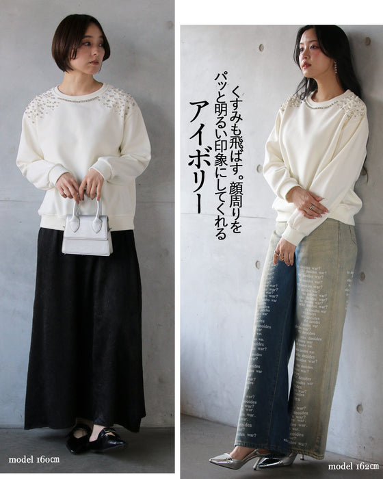品のある煌めき放つ パール＆ビジュー装飾スウェット