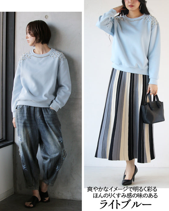 品のある煌めき放つ パール＆ビジュー装飾スウェット