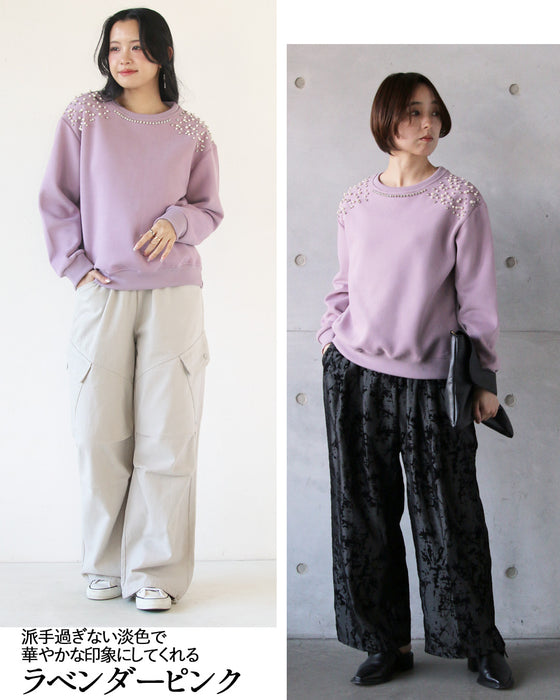 品のある煌めき放つ パール＆ビジュー装飾スウェット
