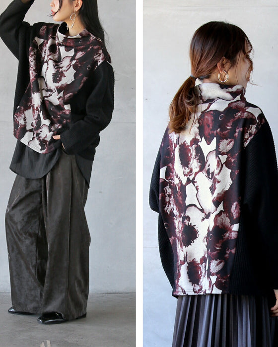 惹きつける、都会的モード 異素材アートフラワートップス